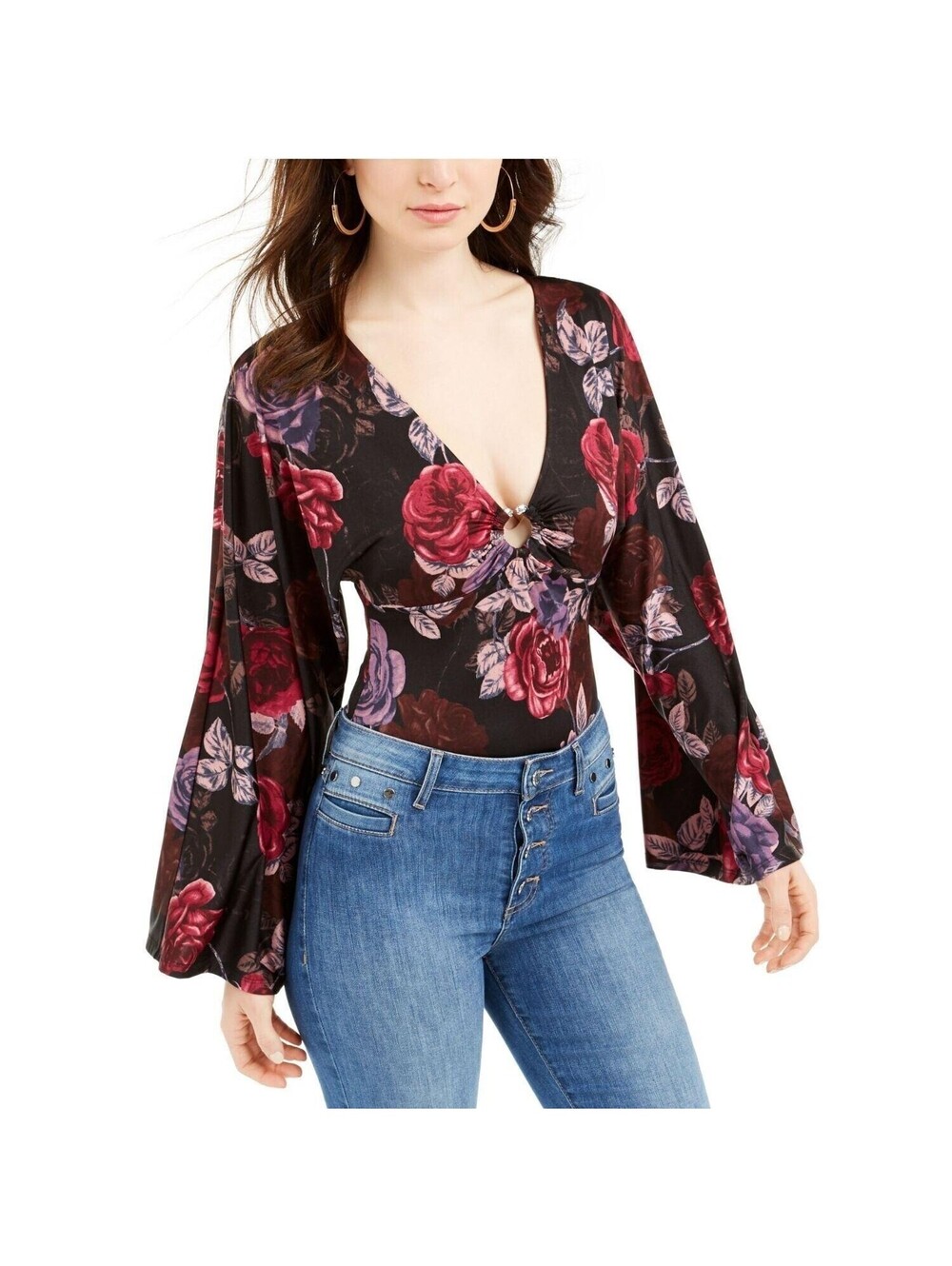 NEW Guess Jazzi Black Printed Kimono Sleeve Thong Bodysuit Top Small